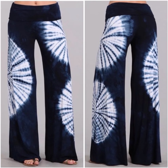 Pants - Plus Navy Tie Dye Palazzo Wide Leg Casual Pants